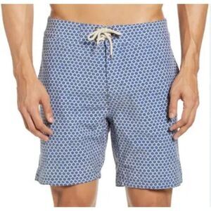 Faherty Swim Shorts Boardshort Men 30 Blue Fish Scale Batik Classic 7" Drawstrin
